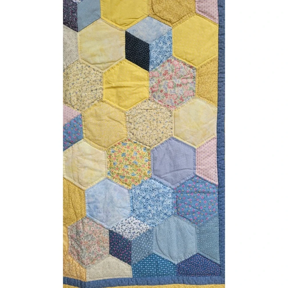 Vintage Baby Crib Quilt 40x56 Yellow Blue Patchwork Tumbling Blocks